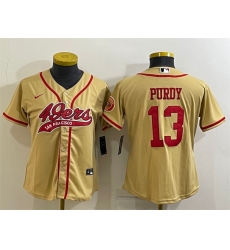 Women San Francisco 49ers 13 Brock Purdy Gold With Patch Cool Base Stitched Baseball Jersey Women San Francisco 49ers 13 Brock Purdy Gold With Patch Cool Base Stitched Baseball Jersey