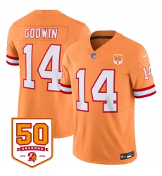 Men Tampa Bay Buccaneers 14 Chris Godwin Orange 2025 F U S E 50th Anniversary Patch Vapor Limited Stitched Jersey Men Tampa Bay Buccaneers 14 Chris Godwin Orange 2025 F U S E 50th Anniversary Patch Vapor Limited Stitched Jersey