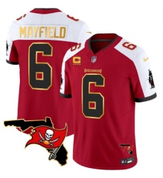 Men Tampa Bay Buccaneers 6 Baker Mayfield Red White F U S E With 4 Star C Ptach And Florida Patch Gold Trim Vapor Stitched Jersey Men Tampa Bay Buccaneers 6 Baker Mayfield Red White F U S E With 4 Star C Ptach And Florida Patch Gold Trim Vapor Stitched Jersey