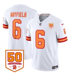 Men Tampa Bay Buccaneers 6 Baker Mayfield White 2025 F U S E  50th Anniversary Patch Vapor Limited Stitched Jersey