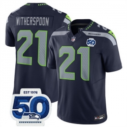 Men Seattle Seahawks 21 Devon Witherspoon Navy 2025 F U S E  50th Anniversary Patch Vapor Untouchable Limited Stitched Football Jersey