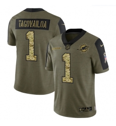 Men Miami Dolphins 1 Tua Tagovailoa 2021 Salute To Service Olive Camo Limited Stitched Jersey Men Miami Dolphins 1 Tua Tagovailoa 2021 Salute To Service Olive Camo Limited Stitched Jersey