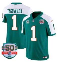 Men Miami Dolphins 1 Tua Tagovailoa Aqua White 2023 F U S E With 1 Star C Patch And 50th Perfect Season Patch Vapor Limited Stitched Football Jersey Men Miami Dolphins 1 Tua Tagovailoa Aqua White 2023 F U S E With 1 Star C Patch And 50th Perfect Season Patch Vapor Limited Stitched Football Jersey