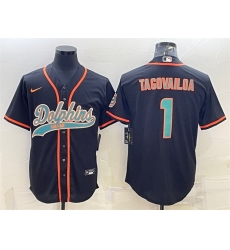 Men Miami Dolphins 1 Tua Tagovailoa Black With Patch Cool Base Stitched Baseball Jersey Men Miami Dolphins 1 Tua Tagovailoa Black With Patch Cool Base Stitched Baseball Jersey
