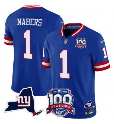 Men New York Giants 1 Malik Nabers Royal 2024 F U S E 100th Season And State Patch Vapor Limited Stitched Football Jersey Men New York Giants 1 Malik Nabers Royal 2024 F U S E 100th Season And State Patch Vapor Limited Stitched Football Jersey