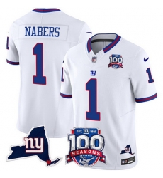 Men New York Giants 1 Malik Nabers White 2024 F U S E 100th Season And State Patch Vapor Limited Stitched Football Jersey Men New York Giants 1 Malik Nabers White 2024 F U S E 100th Season And State Patch Vapor Limited Stitched Football Jersey