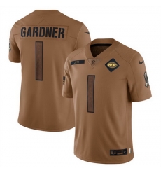 Men New York Jets 1 Sauce Gardner 2023 Brown Salute To Service Limited Stitched Football Jersey Men New York Jets 1 Sauce Gardner 2023 Brown Salute To Service Limited Stitched Football Jersey