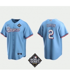 Men's Texas Rangers #2 Marcus Semien Light Blue Cool Base 2023 World Series Patch Stitched Baseball Jersey Men's Texas Rangers #2 Marcus Semien Light Blue Cool Base 2023 World Series Patch Stitched Baseball Jersey