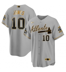 Men Atlanta Braves 10 Chipper Jones 2021 Grey Gold World Series Champions With 150th Anniversary Patch Cool Base Stitched Jersey Men Atlanta Braves 10 Chipper Jones 2021 Grey Gold World Series Champions With 150th Anniversary Patch Cool Base Stitched Jersey