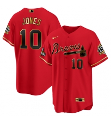 Men Atlanta Braves 10 Chipper Jones 2021 Red Gold World Series Champions With 150th Anniversary Patch Cool Base Stitched Jersey Men Atlanta Braves 10 Chipper Jones 2021 Red Gold World Series Champions With 150th Anniversary Patch Cool Base Stitched Jersey