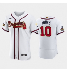 Men Atlanta Braves 10 Chipper Jones 2022 White Gold World Series Champions Program Flex Base Stitched Baseball jersey Men Atlanta Braves 10 Chipper Jones 2022 White Gold World Series Champions Program Flex Base Stitched Baseball jersey