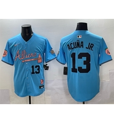 Men Atlanta Braves 13 Ronald Acua Jr Blue 2024 Atliens 26 Peach With Outkast Patch Vapor Limited Stitched Baseball Jersey Men Atlanta Braves 13 Ronald Acua Jr Blue 2024 Atliens 26 Peach With Outkast Patch Vapor Limited Stitched Baseball Jersey