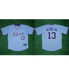 Men Atlanta Braves 13 Ronald Acuna Jr 1982 Light Blue Cool Base Stitched Baseball Jersey Men Atlanta Braves 13 Ronald Acuna Jr 1982 Light Blue Cool Base Stitched Baseball Jersey
