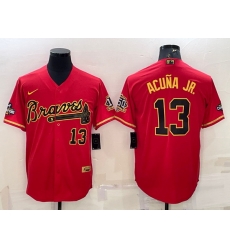 Men Atlanta Braves 13 Ronald Acuna Jr Red Gold Cool Base Stitched Baseball Jersey Men Atlanta Braves 13 Ronald Acuna Jr Red Gold Cool Base Stitched Baseball Jersey