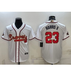 Men Atlanta Braves 23 Michael Harris II White Gold World Series Champions Program Cool Base Stitched Baseball Jersey Men Atlanta Braves 23 Michael Harris II White Gold World Series Champions Program Cool Base Stitched Baseball Jersey