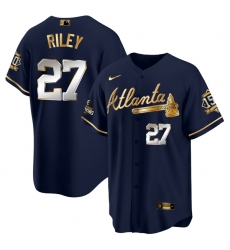Men Atlanta Braves 27 Austin Riley 2021 Navy Gold World Series Champions With 150th Anniversary Patch Cool Base Stitched Jersey Men Atlanta Braves 27 Austin Riley 2021 Navy Gold World Series Champions With 150th Anniversary Patch Cool Base Stitched Jersey