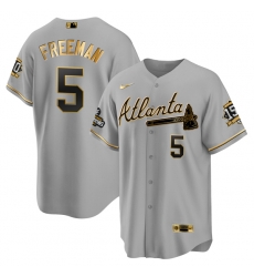 Men Atlanta Braves 5 Freddie Freeman 2021 Grey Gold World Series Champions With 150th Anniversary Patch Cool Base Stitched Jersey Men Atlanta Braves 5 Freddie Freeman 2021 Grey Gold World Series Champions With 150th Anniversary Patch Cool Base Stitched Jersey