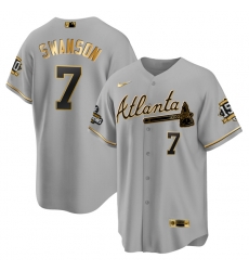 Men Atlanta Braves 7 Dansby Swanson 2021 Grey Gold World Series Champions With 150th Anniversary Patch Cool Base Stitched Jersey Men Atlanta Braves 7 Dansby Swanson 2021 Grey Gold World Series Champions With 150th Anniversary Patch Cool Base Stitched Jersey