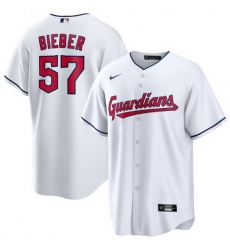 Men Cleveland Guardians 57 Shane Bieber White Cool Base Stitched Baseball jersey Men Cleveland Guardians 57 Shane Bieber White Cool Base Stitched Baseball jersey