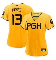 Women Pittsburgh Pirates 13 Ke 27Bryan Hayes Gold 2023 City Connect Stitched Jersey Women Pittsburgh Pirates 13 Ke 27Bryan Hayes Gold 2023 City Connect Stitched Jersey