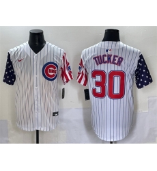 Men Chicago Cubs 30 Kyle Tucker White Pinstripe 2025 Independence Day Vapor Premier Limited Stitched Baseball Jersey