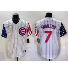 Men Chicago Cubs 7 Dansby Swanson White Pinstripe 2025 Independence Day Vapor Premier Limited Stitched Baseball Jersey Men Chicago Cubs 7 Dansby Swanson White Pinstripe 2025 Independence Day Vapor Premier Limited Stitched Baseball Jersey