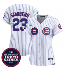 Women Chicago Cubs 23 Ryne Sandberg White 2025 Tokyo Series Limited Stitched Baseball Jersey
