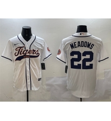 Men Detroit Tigers 22 Parker Meadows White With Patch Cool Base Stitched Baseball Jersey Men Detroit Tigers 22 Parker Meadows White With Patch Cool Base Stitched Baseball Jersey