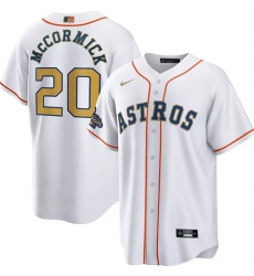 Men Houston Astros 20 Chas McCormick White 2023 Gold Collection With World Serise Champions Patch Cool Base Stitched Baseball Jersey Men Houston Astros 20 Chas McCormick White 2023 Gold Collection With World Serise Champions Patch Cool Base Stitched Baseball Jersey