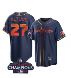 Men Houston Astros 27 Jose Altuve Navy 2022 World Series Champions City Connect Stitched Baseball Jersey Men Houston Astros 27 Jose Altuve Navy 2022 World Series Champions City Connect Stitched Baseball Jersey