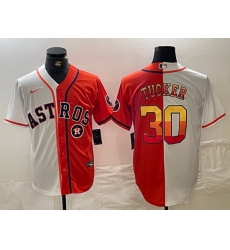 Men Houston Astros 30 Kyle Tucker White Orange Split With Patch Cool Base Stitched Baseball Jersey 1 Men Houston Astros 30 Kyle Tucker White Orange Split With Patch Cool Base Stitched Baseball Jersey 1