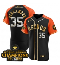 Men Houston Astros 35 Justin Verlander 2023 Black Gold V2 Alternate Flex Base Stitched Baseball Jersey Men Houston Astros 35 Justin Verlander 2023 Black Gold V2 Alternate Flex Base Stitched Baseball Jersey