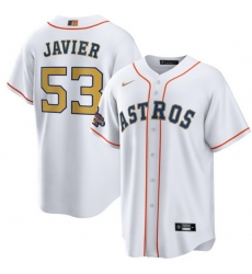 Men Houston Astros 53 Cristian Javier White 2023 Gold Collection With World Serise Champions Patch Cool Base Stitched Baseball Jersey Men Houston Astros 53 Cristian Javier White 2023 Gold Collection With World Serise Champions Patch Cool Base Stitched Baseball Jersey