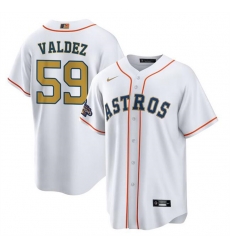 Men Houston Astros 59 Framber Valdez White Gold Cool Base Stitched Baseball Jersey Men Houston Astros 59 Framber Valdez White Gold Cool Base Stitched Baseball Jersey