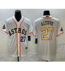 Mens Houston Astros #27 Jose Altuve Number 2023 White Gold World Serise Champions Patch Cool Base Stitched Jersey Mens Houston Astros #27 Jose Altuve Number 2023 White Gold World Serise Champions Patch Cool Base Stitched Jersey
