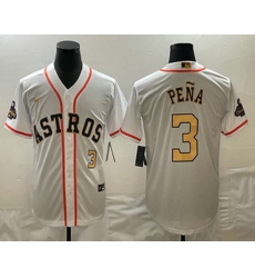 Men's Houston Astros #3 Jeremy Pena 2023 White Gold World Serise Champions Patch Cool Base Stitched Jersey1 Men's Houston Astros #3 Jeremy Pena 2023 White Gold World Serise Champions Patch Cool Base Stitched Jersey1