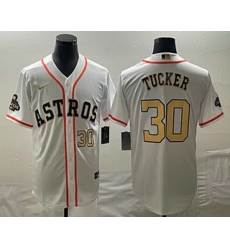 Men's Houston Astros #30 Kyle Tucker Number 2023 White Gold World Serise Champions Patch Cool Base Stitched Jersey1 Men's Houston Astros #30 Kyle Tucker Number 2023 White Gold World Serise Champions Patch Cool Base Stitched Jersey1