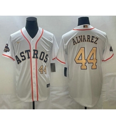 Men's Houston Astros #44 Yordan Alvarez Number 2023 White Gold World Serise Champions Patch Cool Base Stitched Jersey 2 Men's Houston Astros #44 Yordan Alvarez Number 2023 White Gold World Serise Champions Patch Cool Base Stitched Jersey 2