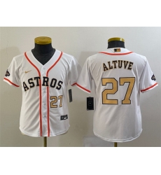Youth Houston Astros 27 Jose Altuve White 2023 Gold Collection With World Serise Champions Patch Stitched Baseball Jersey Youth Houston Astros 27 Jose Altuve White 2023 Gold Collection With World Serise Champions Patch Stitched Baseball Jersey