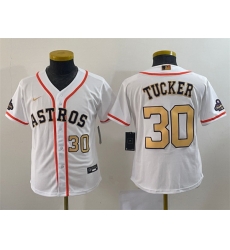 Youth Houston Astros 30 Kyle Tucker White 2023 Gold Collection With World Serise Champions Patch Stitched Baseball Jersey Youth Houston Astros 30 Kyle Tucker White 2023 Gold Collection With World Serise Champions Patch Stitched Baseball Jersey