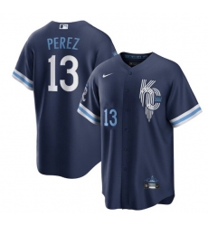 Men Kansas City Royals 13 Salvador Perez 2022 Navy City Connect Cool Base Stitched Jerse Men Kansas City Royals 13 Salvador Perez 2022 Navy City Connect Cool Base Stitched Jerse