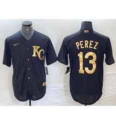 Men Kansas City Royals 13 Salvador Perez Black Gold Cool Base Stitched Jersey Men Kansas City Royals 13 Salvador Perez Black Gold Cool Base Stitched Jersey