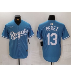 Men Kansas City Royals 13 Salvador Perez Light Blue Cool Base Stitched Jersey Men Kansas City Royals 13 Salvador Perez Light Blue Cool Base Stitched Jersey