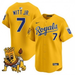Men Kansas City Royals 7 Bobby Witt Jr  Gold Sluggerrr Patch Vapor Limited Stitched Baseball Jersey