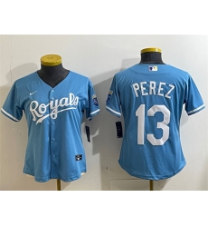 Women Kansas City Royals 13 Salvador Perez Light Blue Cool Base Stitched Jersey Women Kansas City Royals 13 Salvador Perez Light Blue Cool Base Stitched Jersey