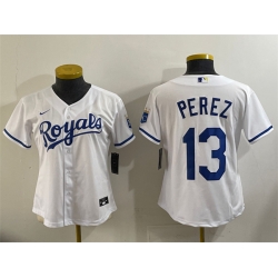 Youth Kansas City Royals 13 Salvador Perez White Cool Base Stitched Baseball Jersey