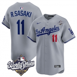 Men Los Angeles Dodgers 11 Roki Sasaki Grey 2025 World Series Patch Limited Stitched Baseball Jersey