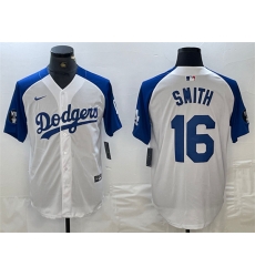 Men Los Angeles Dodgers 16 Will Smith White Blue Vin Patch Cool Base Stitched Baseball Jersey Men Los Angeles Dodgers 16 Will Smith White Blue Vin Patch Cool Base Stitched Baseball Jersey