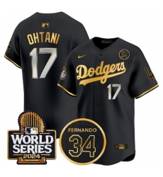 Men Los Angeles Dodgers 17 Shohei Ohtani Black Gold 2024 World Series With Fernando Memorial Patch Limited Stitched Baseball Jersey Men Los Angeles Dodgers 17 Shohei Ohtani Black Gold 2024 World Series With Fernando Memorial Patch Limited Stitched Baseball Jersey