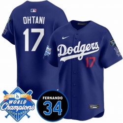 Men Los Angeles Dodgers 17 Shohei Ohtani Royal 2024 World Champions  26 Fernando Memorial Patch Vapor Premier Limited Stitched Baseball Jersey
